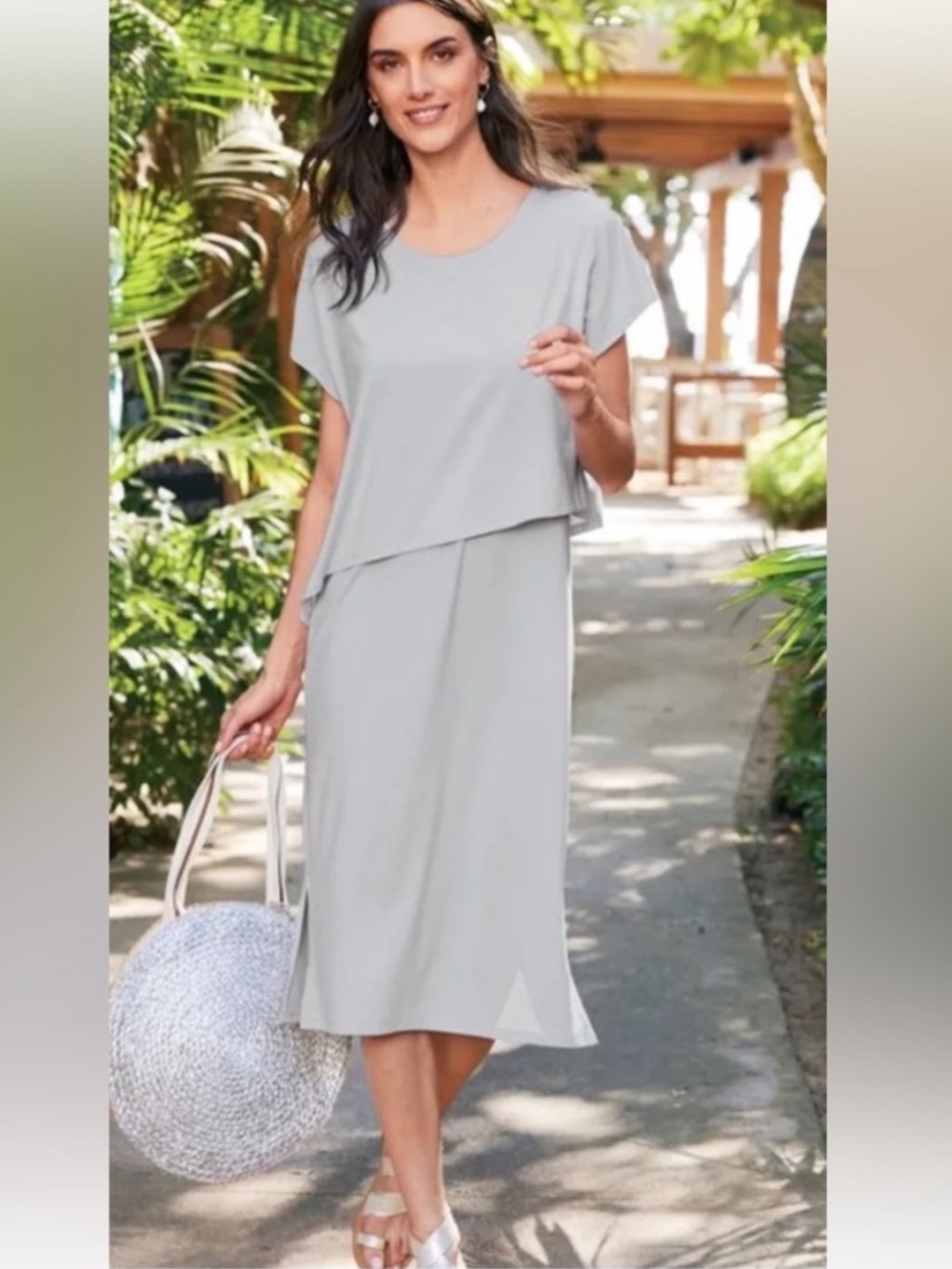 Soft Surroundings Mykonos Dress Midi Pear Blue Stretch Knit Sz Large 14 16 NWT